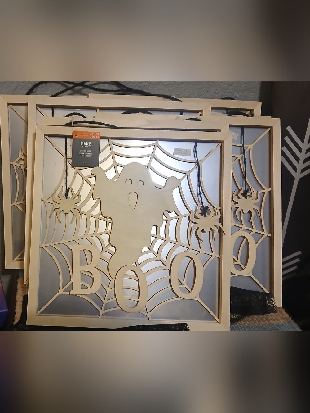 New Mirror & Plywood Halloween Decor - Boo Web Ghost Dangling Spiders